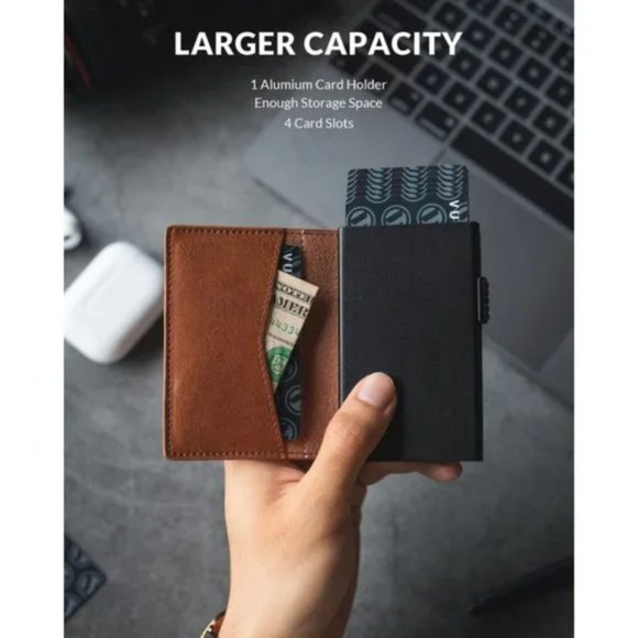 New Card Holder Pop Up Cards Slim Leather Wallet RFID Protection, Brown - Picture 2 of 7